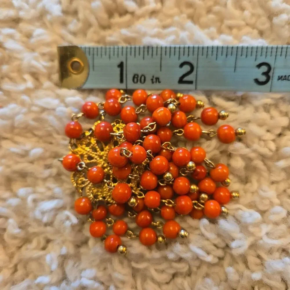 Vintage Gold Tone Orange Coral Cluster Waterfall Beaded Brooch Pin